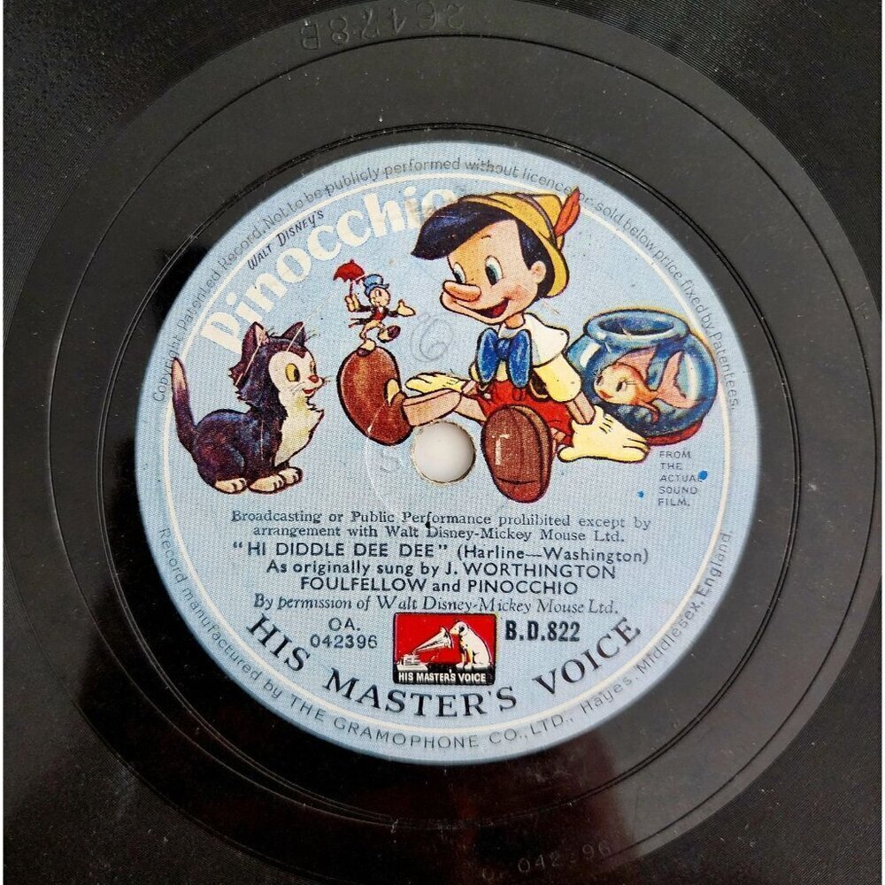 1940 Walt Disney Pinocchio 78 Record 10" I've Got No Strings Hi Diddle Dee 78A - Picture 2 of 2